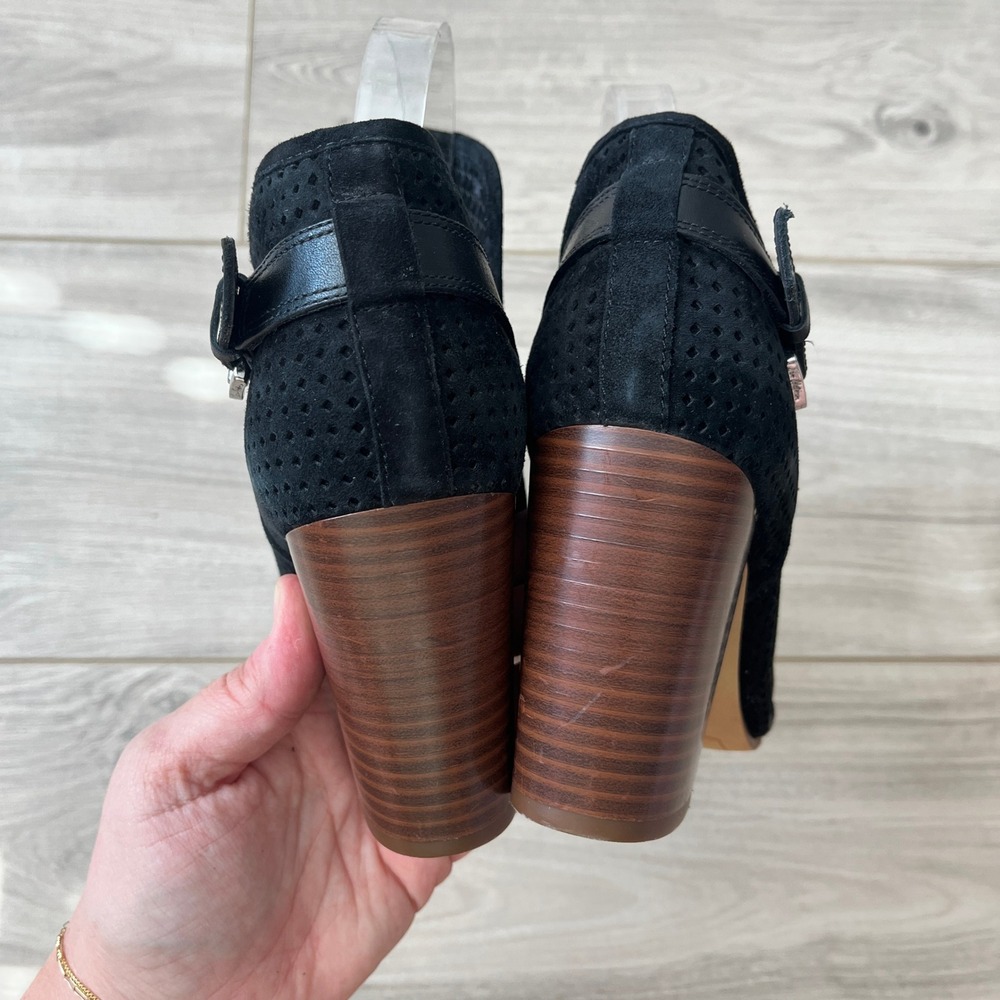 Sam Edelman Easton Perforated Suede Peep Toe Booties Black 8.5 Block Heel Buckle - Picture 5 of 10
